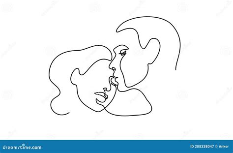 Portrait Of Couple Man And Woman In Love Kissing Continuous One Line Vector Illustration