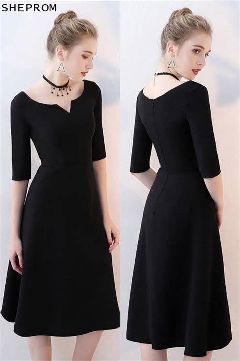 simple black aline knee length party dress with sleeves bls86058 at sheprom s party dresses