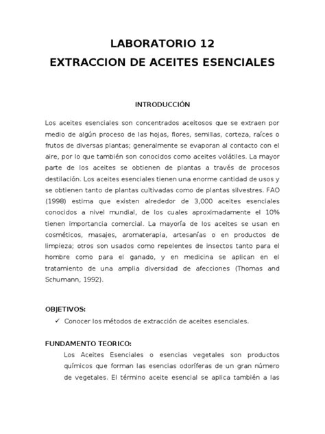 Lab 12 Extraccion De Aceites Esenciales Pdf Aceite Esencial