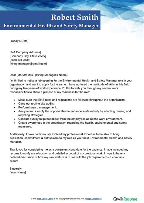 Environmental Health And Safety Manager Cover Letter Examples Qwikresume