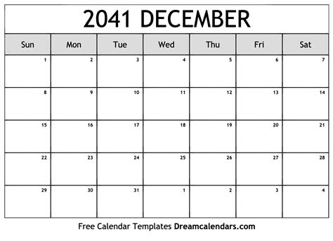 December 2041 Calendar Free Blank Printable With Holidays