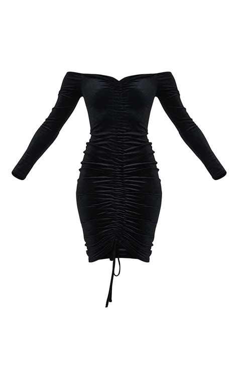 Black Velvet Bardot Ruched Midi Dress Prettylittlething Ca