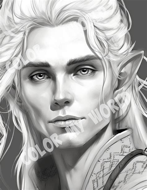 Male Blonde Elf Adult Coloring Greyscale Etsy