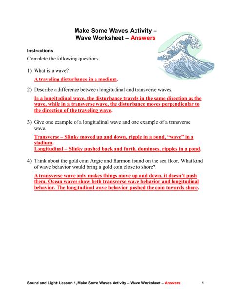 4th grade science worksheets and answer keys, study guides. Wave Worksheet Answers