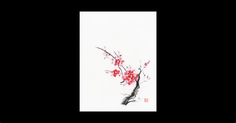 Cherry Blossom Abstract Japanese Zen Painting Of Sakura Branch With Red