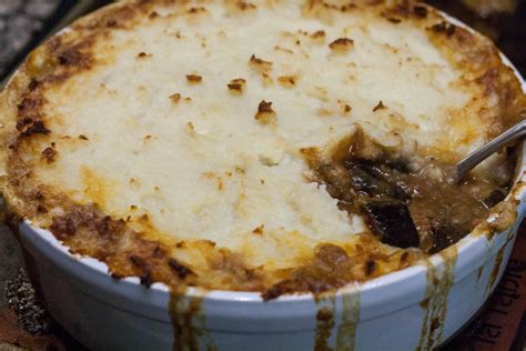 The recipe originated in how to make shepherd's pie. Lamb and Eggplant Shepherd's Pie