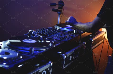 Dj Playing With Vinyl Records High Quality Arts And Entertainment Stock