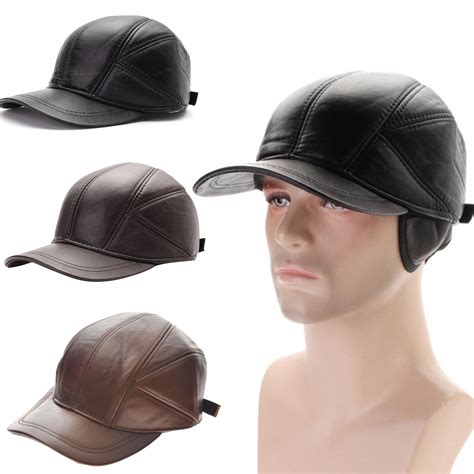 2017 Mens Leather Baseball Caps Winter Warm Hats With Ear Flaps Adjust