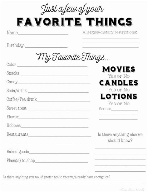 My Favorite Things Printable Template Printable Word Searches