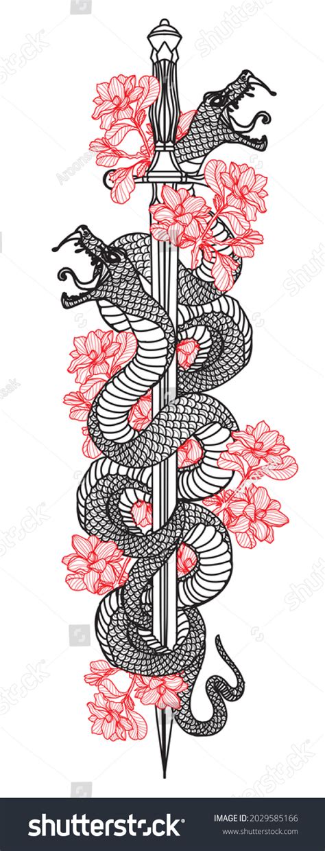 Tattoo Art Snake Sword Flower Drawing Stock Illustration 2029585166