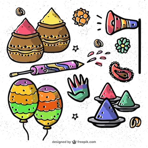 Colorful Set Of Hand Drawn Objects For Holi Festival Vector Free Download