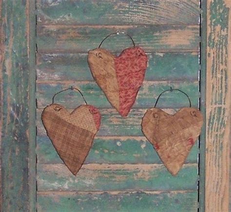 3 Primitive Heart Ornaments Red And White Tattered Hearts Etsy Heart