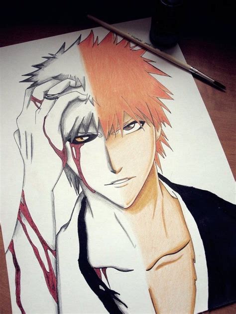 Anime Sketch Split Drawing Boy Drawing Red Hair Red Streaks Black