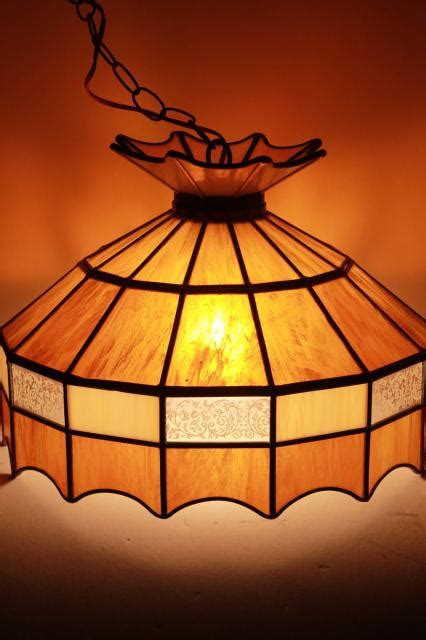 S Vintage Swag Lamp Pendant Light W Amber Stained Glass Leaded Glass