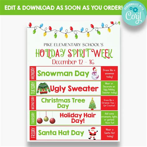 editable holiday spirit week flyer printable winter spirit week schedule pto school spirit flyer