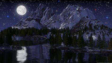 Lake Snowy Mountains And Pine Tree Forest At Night Experimental Bytes