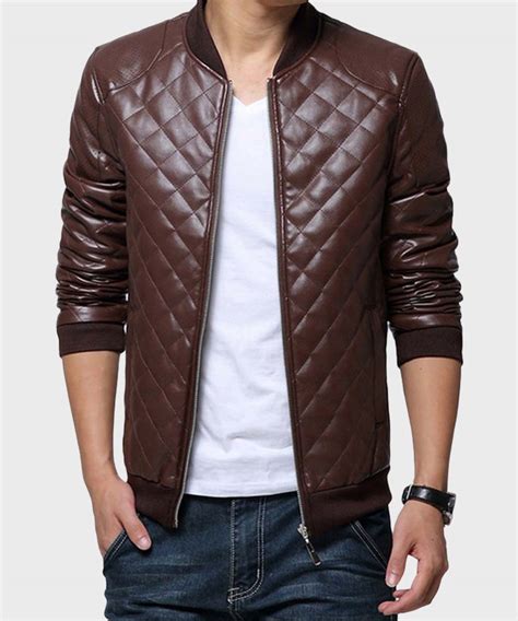 Mens Brown Quilted Leather Jacket Brown Bomber Quilted Jacket