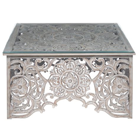 Decmode 22340 Square Distressed White Wood Carved Coffee Table With