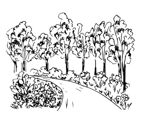 Hand Drawn Simple Vector Sketch With Black Outline Suburban Landscape