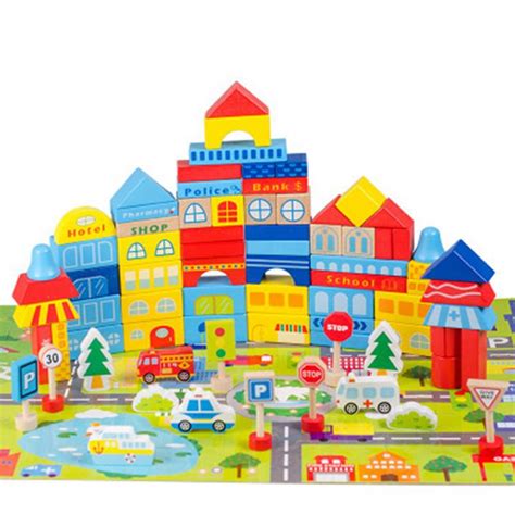Childrens Wooden Blocks Early Childhood Assembling Toy City Town