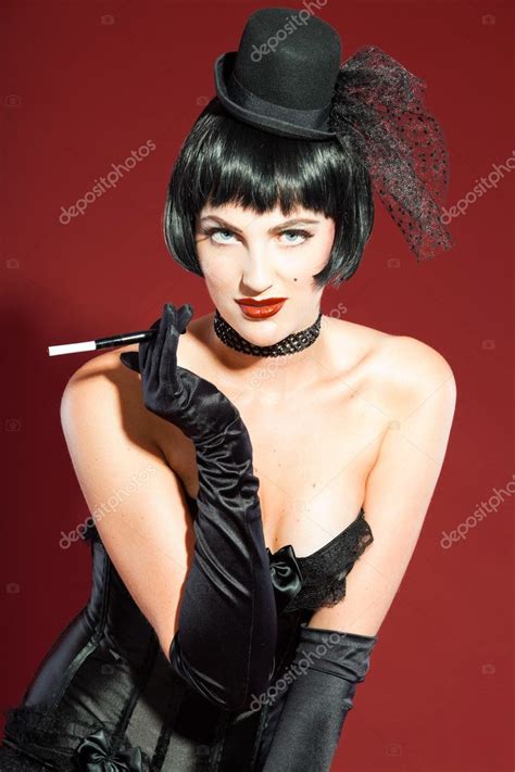 Burlesque Pin Up Woman With Black Hair Dressed In Black