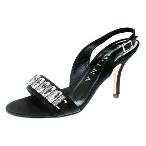Gina Black Satin Crystal Embellished Slingback Sandals Size 37 For Sale At 1stdibs