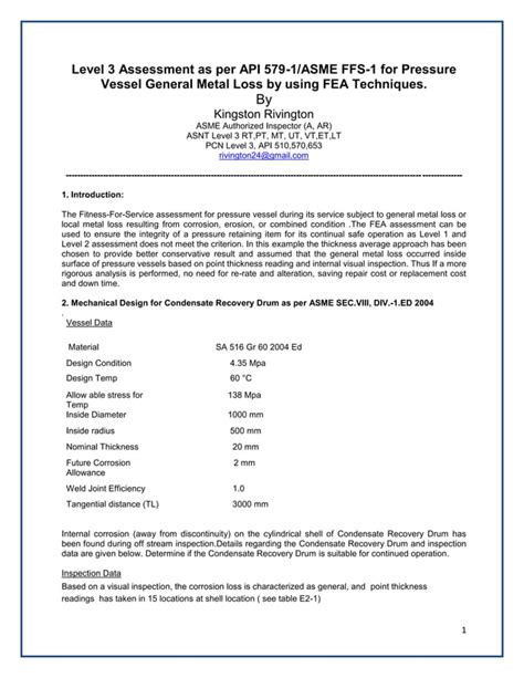 Level 3 Assessment As Per Api 579 1 Asme Ffs 1 For Pressure Vessel