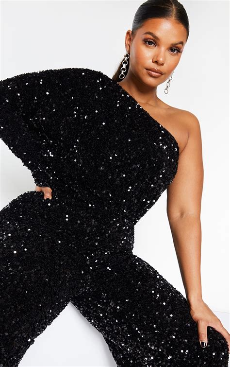 Plus Black Velvet Sequin Wide Leg Jumpsuit Prettylittlething Usa