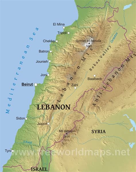 Physical Map Of Lebanon Cities And Towns Map