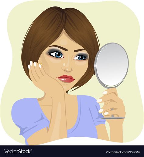 Concerned Young Woman Looking At Herself In Mirror