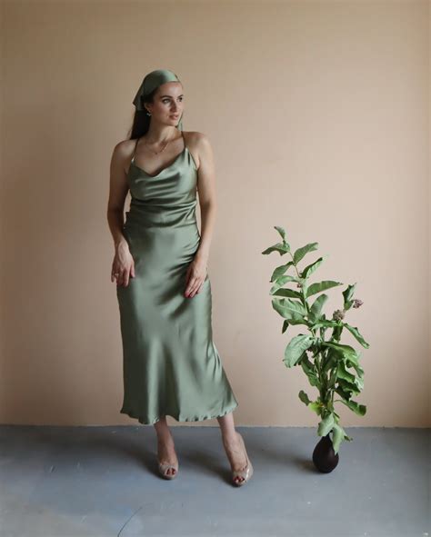 Olive Silk Slip Dress Cowl Neck Olive Green Midi Dress Open Etsy