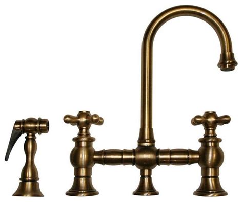 Augusta brass kitchen bridge faucet with separate hand sprayer. WHKBCR3-9106-ABRAS Antique Brass Bridge Faucet - Rustic ...
