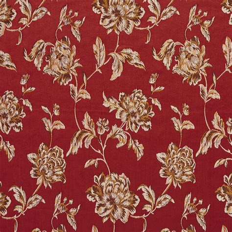 Red And Burgundy Heirloom Vintage Flower Pattern Brocade Upholstery Fabric