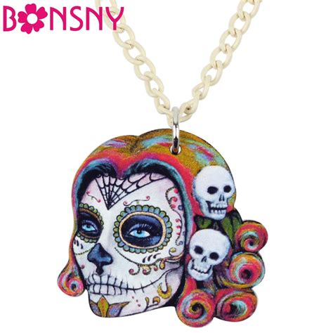 Bonsny Statement Acrylic Halloween Skeleton Skull Necklace Pendant
