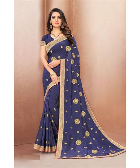 Navy Blue Poly Silk Embellished Designer Saree Indian Women Fashions