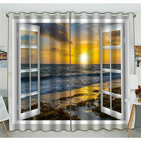 Phfzk Ocean Beach Window Curtain Beautiful Sunset On The Sea View From