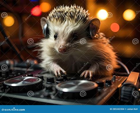 Hedgehog Dj With Headphones Spinning Record Stock Illustration