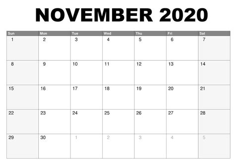 Fillable November 2020 Calendar Template Free Printable Calendar