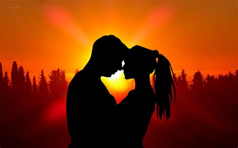 Sunset Love Couple Boy An Girl Silhouette Red Sky Wallpaper Hd
