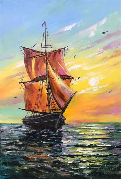An Oil Painting Of A Sailboat In The Ocean At Sunset With Birds Flying