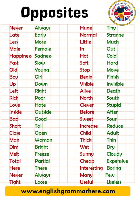 Basic Opposites Words List In English English Grammar Here