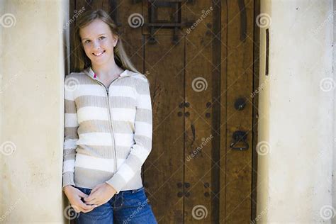 Portrait Of Smiling Tween Girl Stock Image Image Of Youth Doorway 10979265