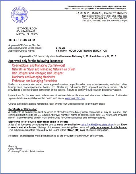 Ohio State Board of Cosmetology Approval Letter crs01