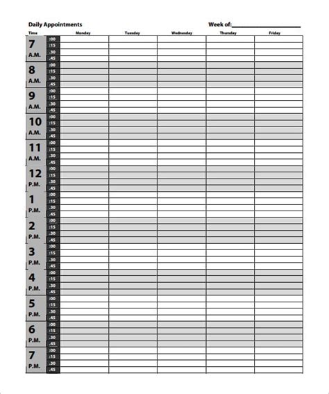 15 Minute Appointment Calendar Template Hq Printable Documents