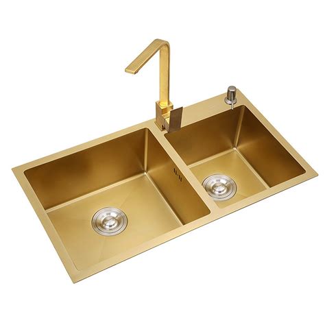Brushed Gold Double Bowls Stainless Steel Sink Handmade Kitchen Sink