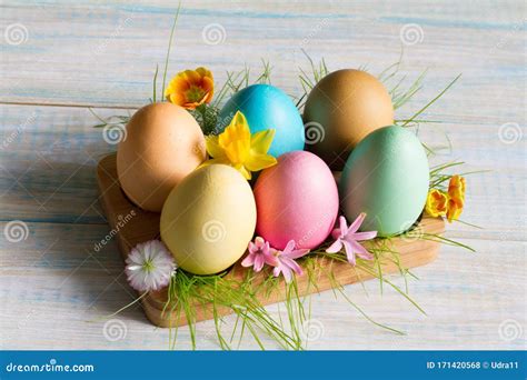 Easter Colorful Eggs With Spring Flowers Blossom And Green Grass Still