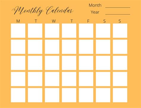 Printable Blank Monthly Calendar Etsy