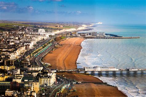 Wide Angle Aerial View Of Brighton Beach And Coastline Brighton Uk
