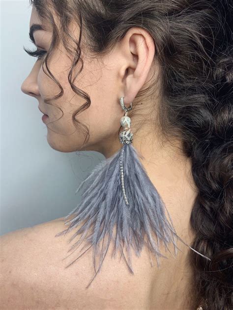 Feather Earrings Long Earrings With Ostrich Feathers Gray Etsy Feather Earrings Long