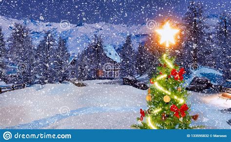 Decorated Christmas Tree At Winter Night Close Up Stock Photo Image
